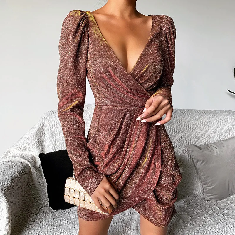 

Hot sale2020 Spring New party dress ins Sexy deep V Full sleeve temperament fold bright silk irregular package hip women dresses