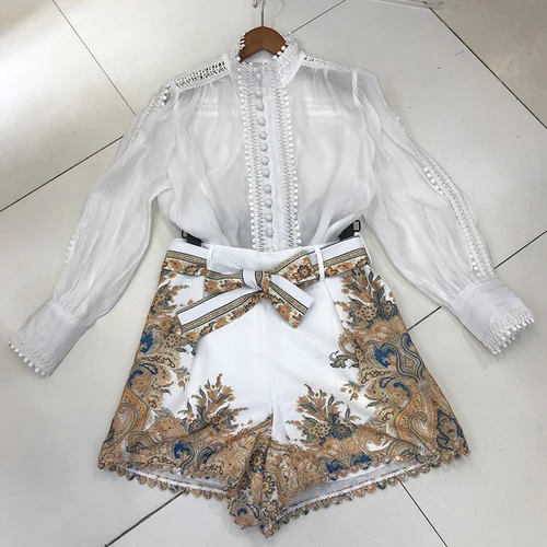

Two- Piece Set for Woman 2020 Autumn New Elegant Lady Retro Shorts Suits Long Sleeve White Shirt + Printed Shorts Short Pants
