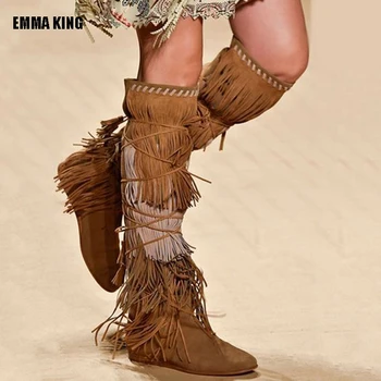 

2020 Fashion Knee High Boot Women Tassel Over The Knee Patch color Booties Bohemian Boho Flat heel Long Boots New