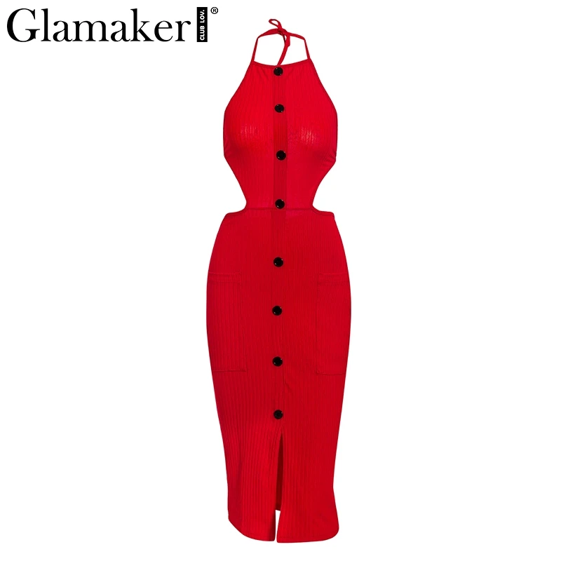 Glamaker сексуальное красное платье с открытой спиной и лямкой на шее, летнее женское платье миди на пуговицах, сексуальные вечерние платья в стиле ретро, Клубное трикотажное платье