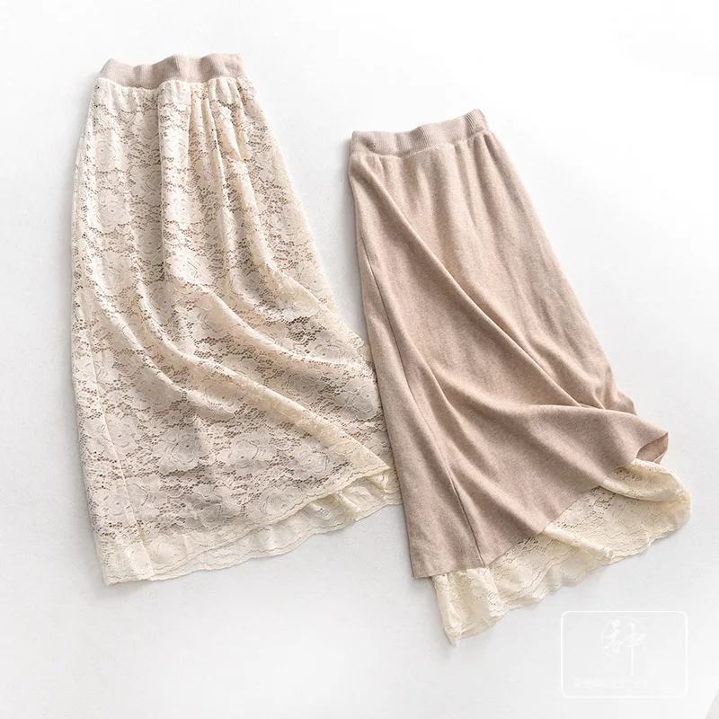 

One's Two Sides Wears! Elegant Lace Joint Versatile Knit Medium-length Skirt Women's Entity
