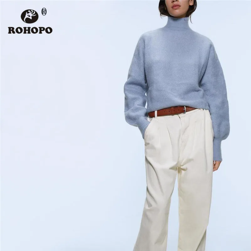 ROHOPO, мягкая водолазка, зимний, небесно-голубой, фонарик, свитер, длинный рукав, однотонный, пуловер, вязанный, белый, Осенние Топы, Owear#2467