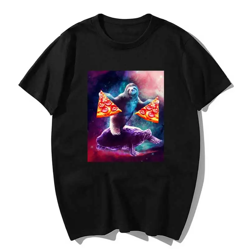 

Sloth Funny Space with Pizza Riding on Turtle Women Aesthetics Graphic Short Sleeve Cotton Polyester T Shirts Female Camisetas