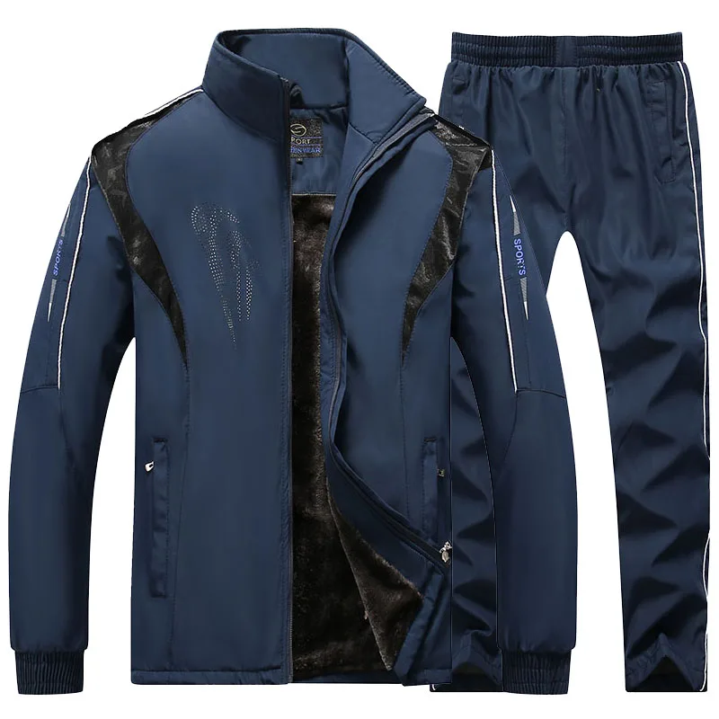 Зимняя спортивная одежда для мужчин; спортивный костюм; толстая теплая зимняя парка; комплект одежды из двух предметов; флисовый спортивный костюм с меховой подкладкой; Прямая поставка - Цвет: Синий