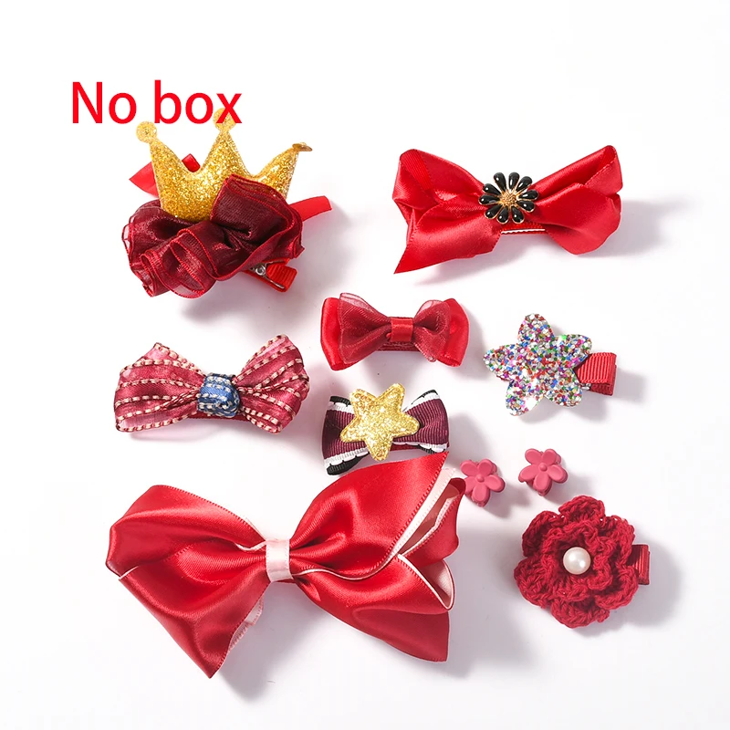 NO box- wine red 10 шт./кор. дети милые женские аксессуары для волос комплект детскими волосами круг ткань с цветочным узором и бантом, заколки для волос для девочек, повязка на голову - Цвет: NO box- wine red