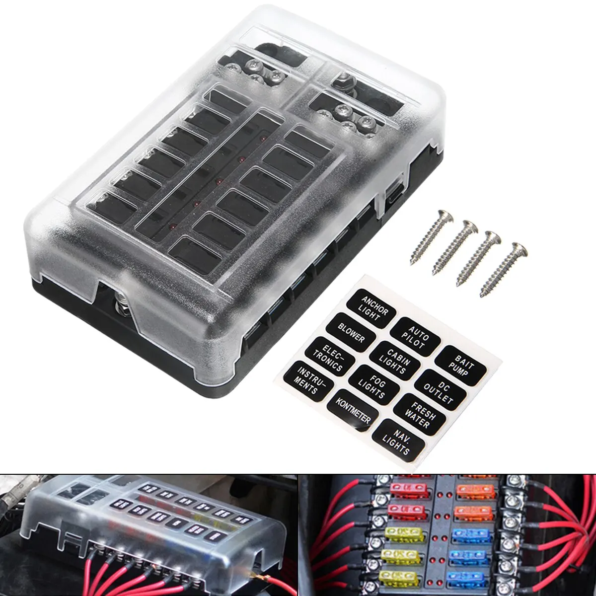 DC 12-32V 100A 12 Way Fuse Box Car Truck Boat Bus Power Distribution Block Double Busbars 12-way Fuse Box with screws&labels