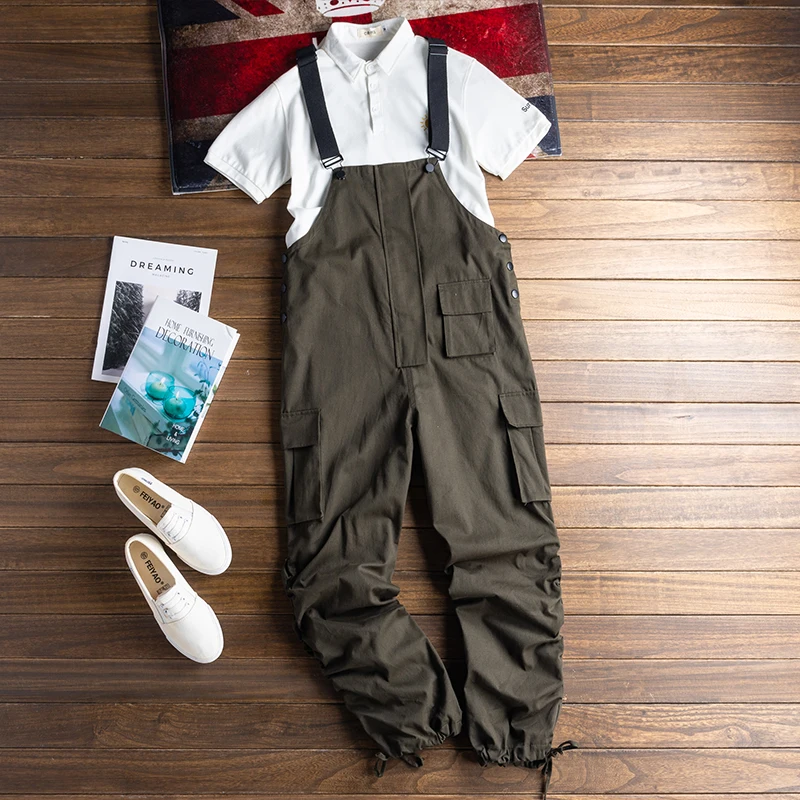 Verde militar overoles sueltos hombres mono babero Beam Feet ropa informal estilo Hip Hop mamelucos Cargo pantalones Color