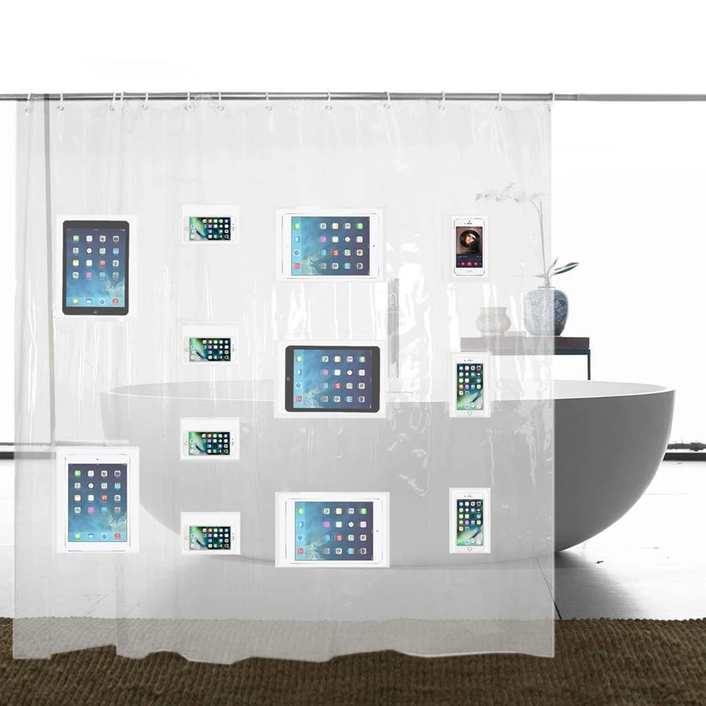 Быстросохнущая прозрачная занавеска для ванной и карманов Водонепроницаемая peva Наслаждайтесь часами занавеска для душа для iPad/телефонов для душа