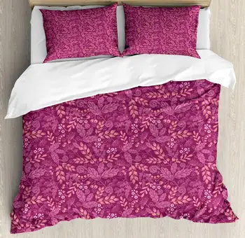 

Floral Vintage Duvet Cover Set Garden Artwork of Berries and Branches 3 Piece Bedding Set Dark Magenta Pastel Pink Pale Fuchsia