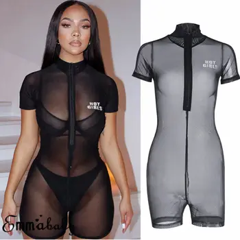 

Perspective Jumpsuit Stretchy Bodysuit Party Trousers Sexy Short Sleeve Women Romper Bodycon Clubwear
