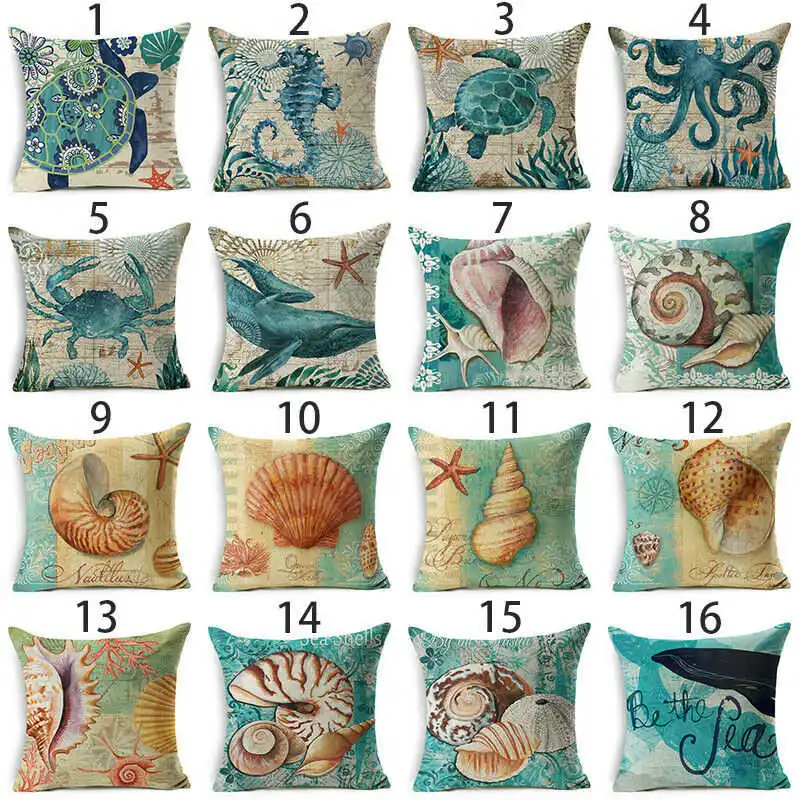 

Vintage Sea Animal Turtle Whale Cotton Linen Pillow Case Sofa Cushion Cover Throw Home Decor