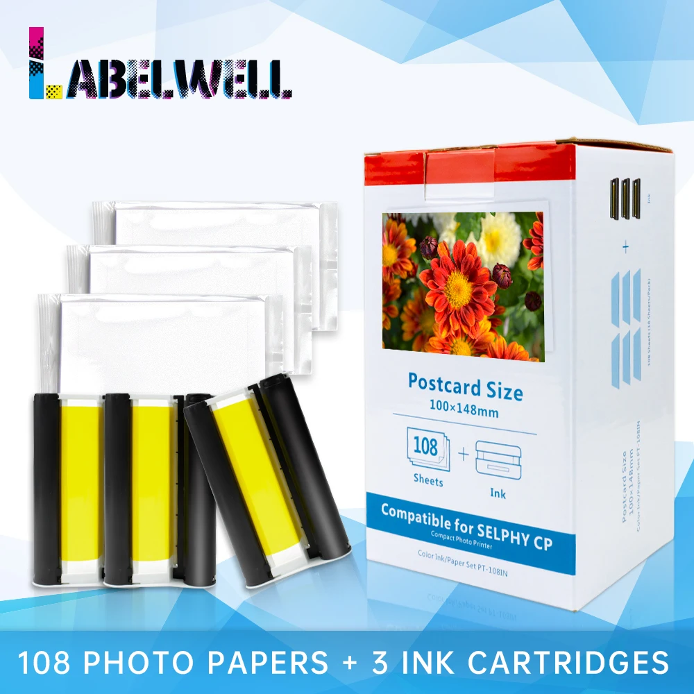 Labelwell 3 Di Colore Di Inchiostro Carta Kp 108In Kp-36In Compatibile Per Canon Selphy Cp1300 Cp1200 Cp910 Cp900 Compact Photo Printer 6 Pollici