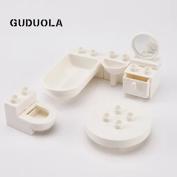 

GUDUOLA Big Bricks Bathroom Set Bathtub Wash Basin Closestool City Home Brick Playmobil Toys Duplo Building Block For Children