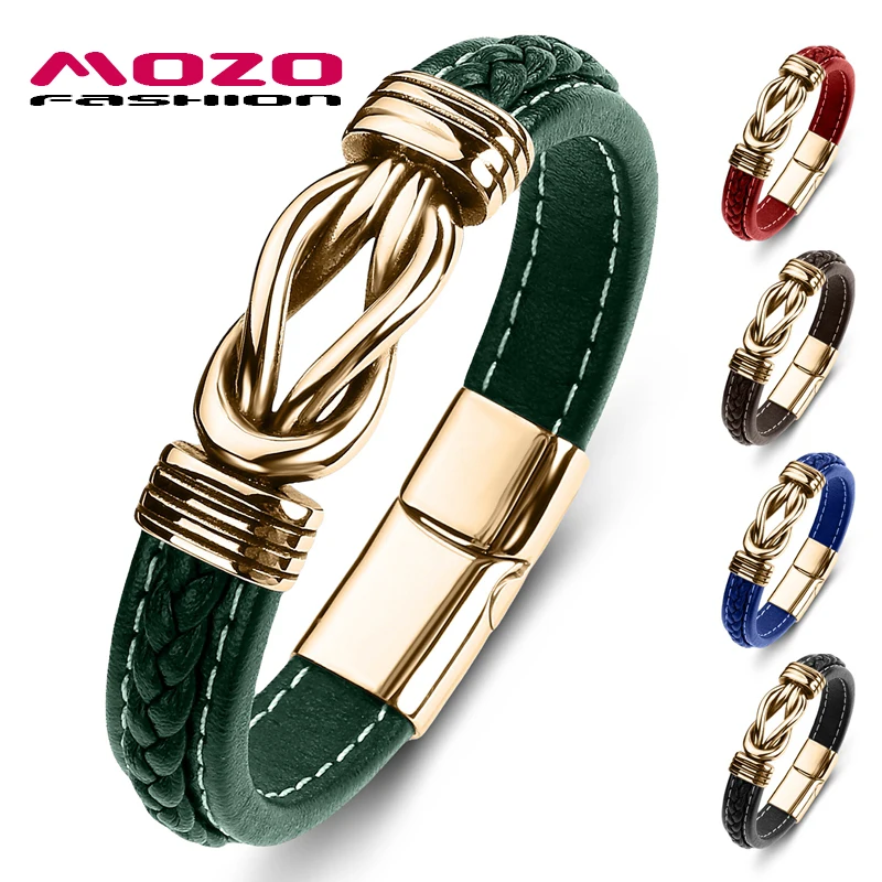 MOZO FASHION New Classic Men Bracelet Leather Stainless Steel Charm Bracelet Women Cross Punk Jewelry Bracelet Gifts Green
