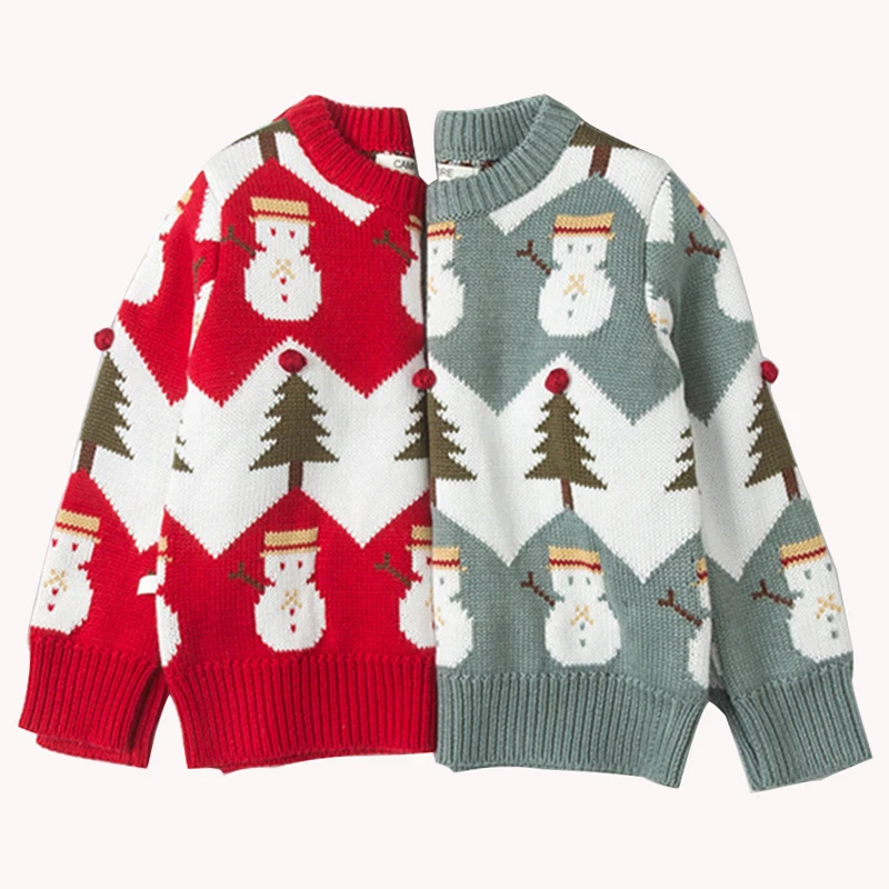 Теплый Рождественский свитер со снеговиком для маленьких девочек; осенне-осенняя трикотажная одежда; пуловер с круглым вырезом; свитер; детская одежда
