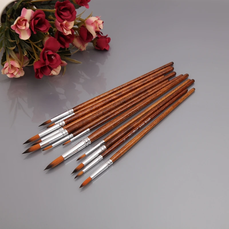 2021 새로운 12Pcs 예술가 페인트 브러시 세트 나일론 머리 아크릴 수채화 라운드 지적 팁