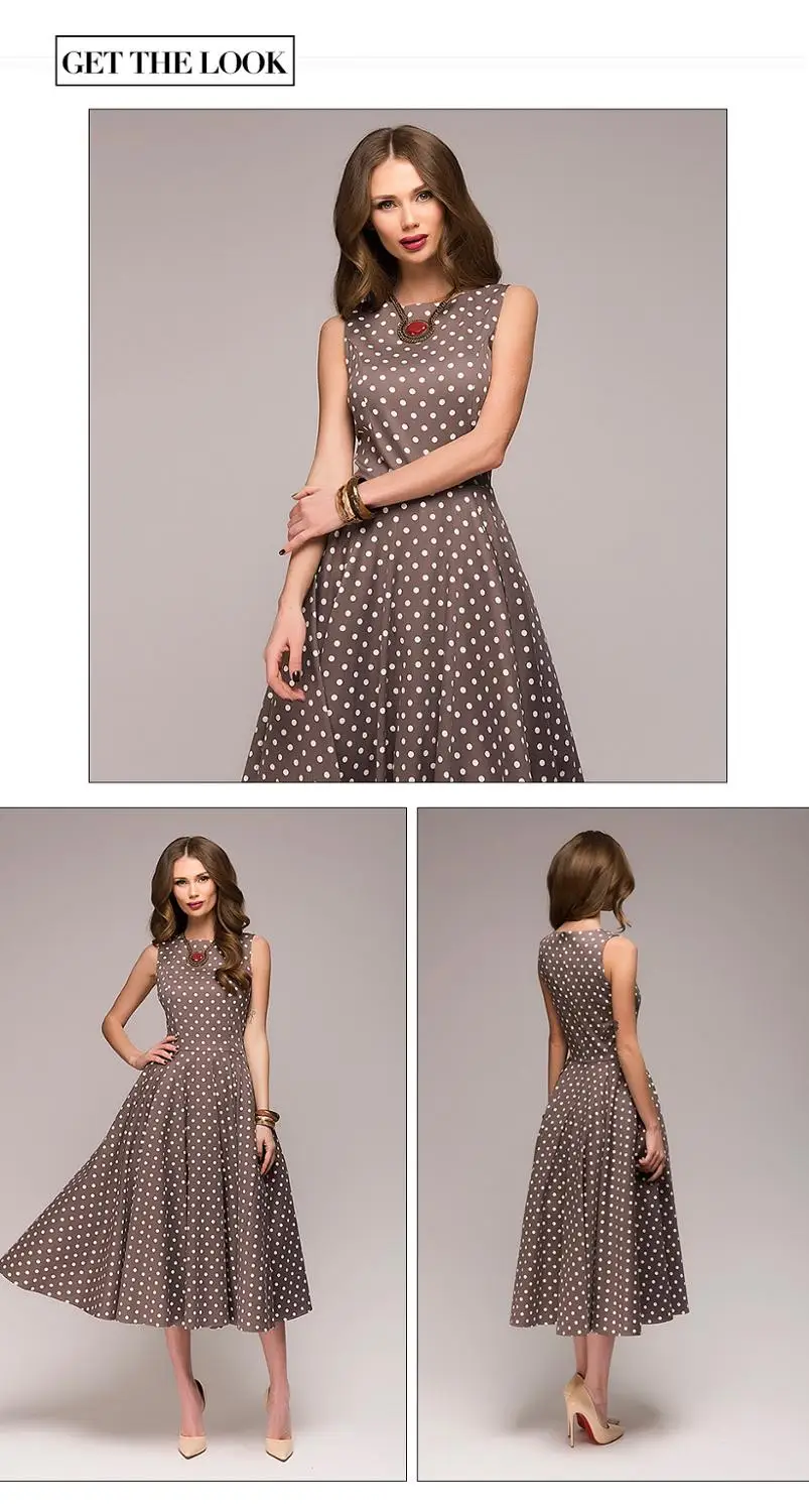 Винтажное платье, летнее, новое, без рукавов, с круглым вырезом, vestidos, женское, элегантное, тонкое, в горошек, с принтом, до середины икры, Повседневное платье для женщин