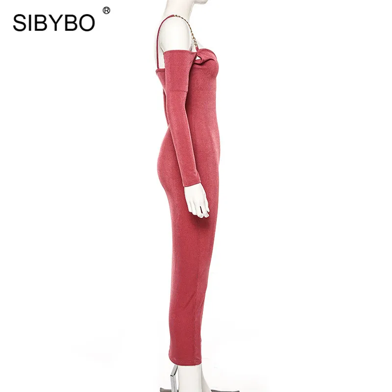 SIBYBO Metal Spaghetti Strap Winter Long Dress Women Off Shoulder Long Sleeve Sexy Bodycon Dress Autumn Backless Party Dress
