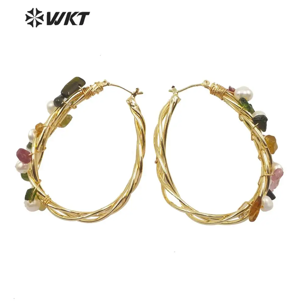 WT-E588 WKT, серьги с натуральным жемчугом, серьги с проволочной оплеткой из жемчуга, серьги с разноцветными Каменными бусинами, модное ювелирное изделие для женщин