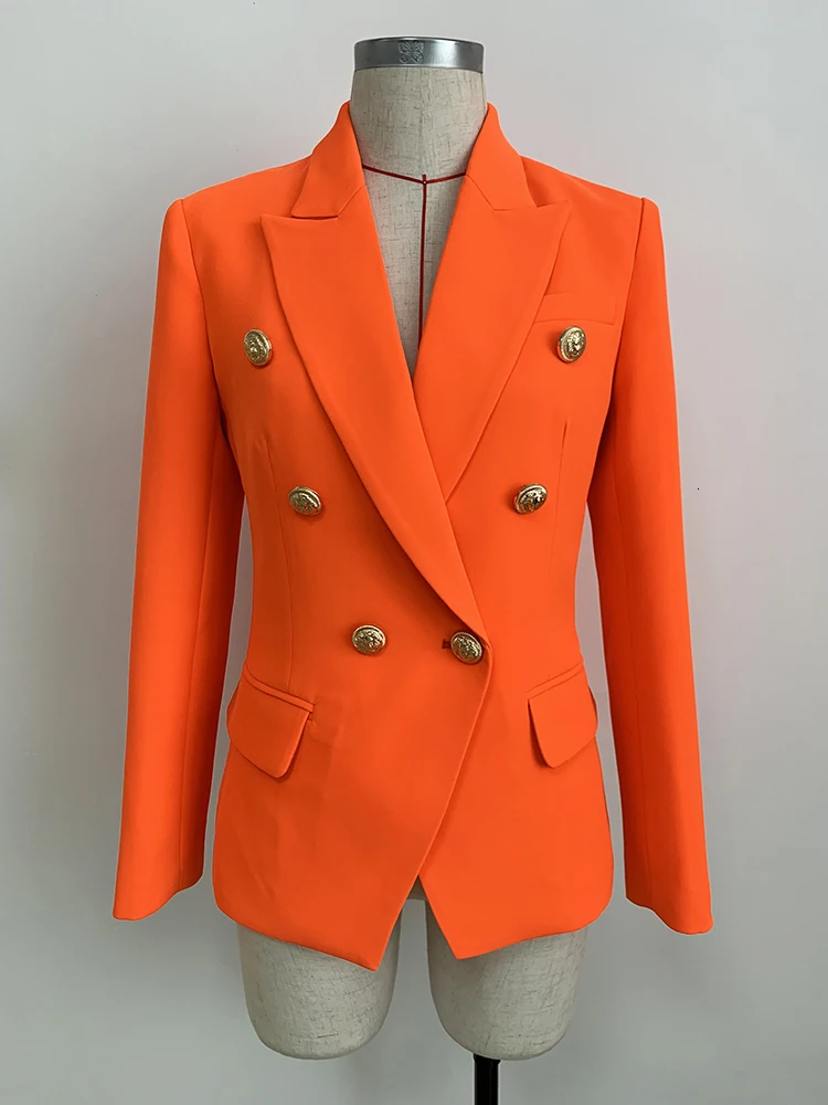 DEAT осень зима высокое качество блейзер для женщин Лев пуговицы двубортный Блейзер Куртка неоновый оранжевый пальто MG419