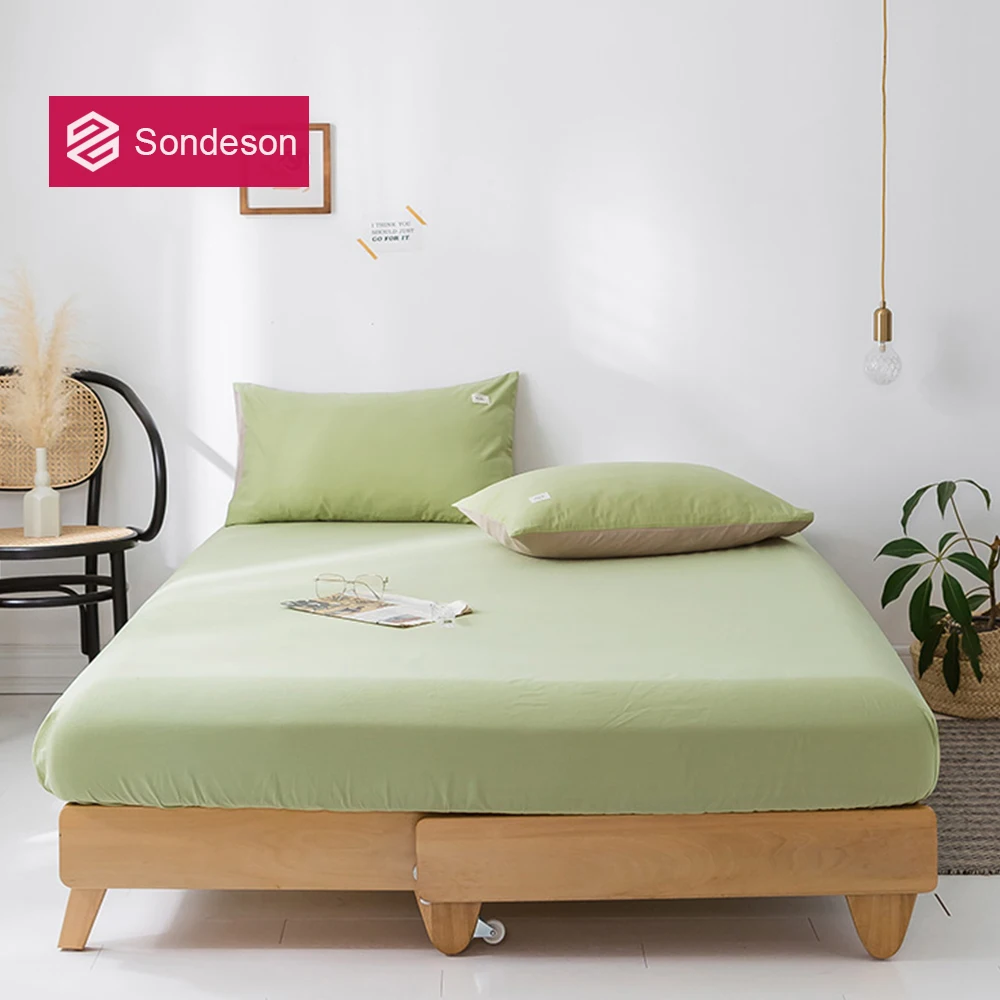 

Sondeson Fashion 100% Cotton Green Fitted Sheet With Rubber Band Double Queen King Healthy Color Printed Bed Linen Pillowcase