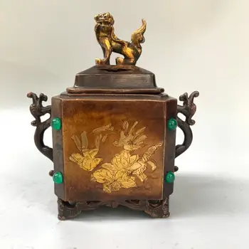 

wedding decoration Chinese collection pure copper gilt lion statue square hand-carved inlaid gemstone incense burner incense