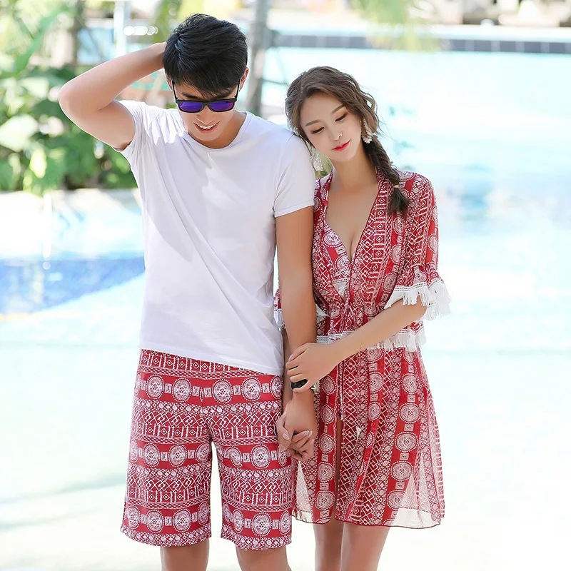 

Xigeer Couples Bathing Suit Women's High-waisted Split Type Bikini Chiffon Blouse MEN'S Beach Pants Four-piece Set