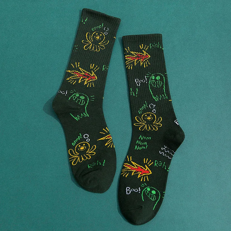 Dark green Totem PEONFLY, новинка, осенне-зимние носки для мужчин, Harajuku, чёсаный хлопок, счастливые носки, забавные иллюстрации, Calcetines Largos Hombre - Цвет: Dark green Totem