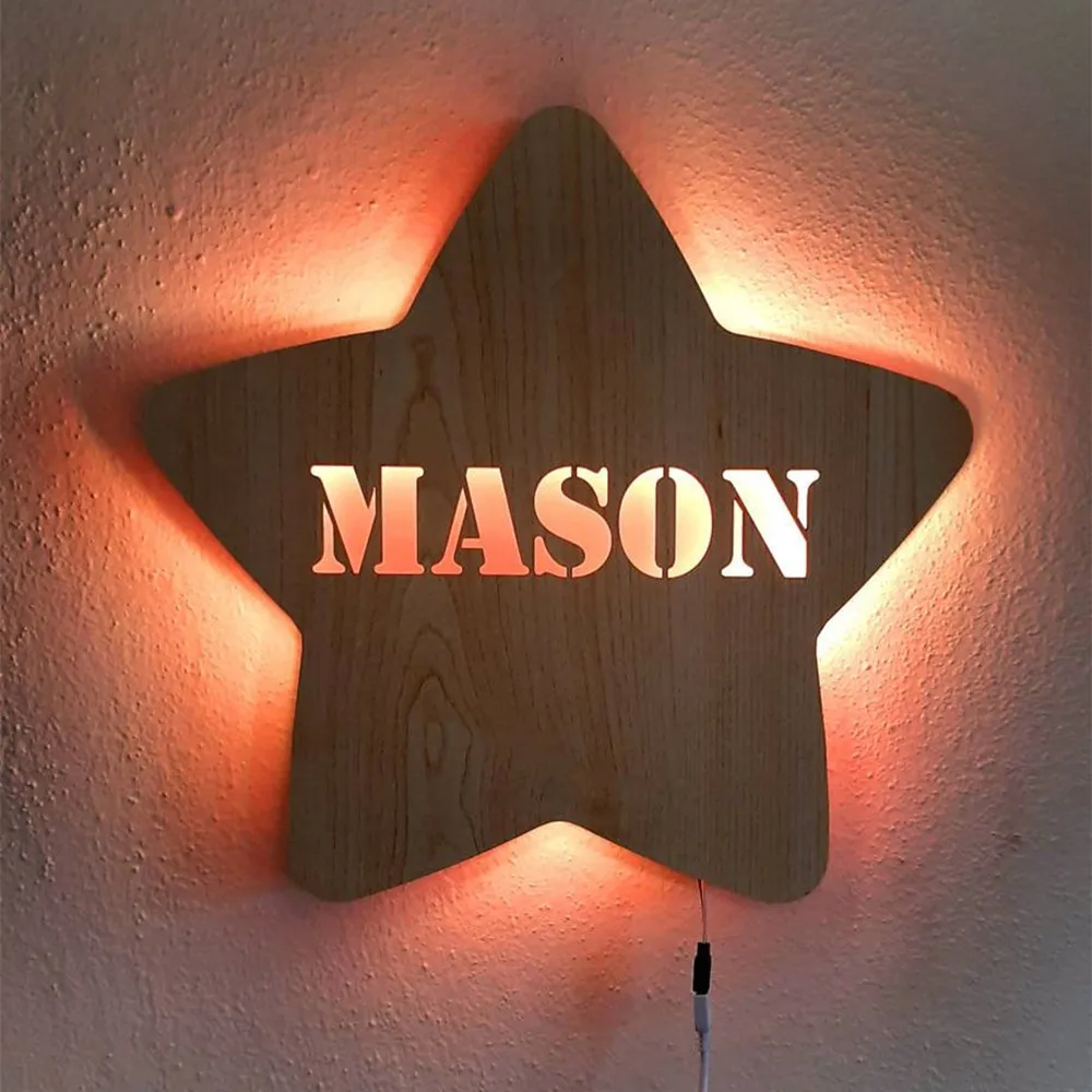 Personalized Star LED Night Light Custom Name Wood Wall Lamp for Kids Birthday Party Gifts Home Decor Adjustable Brightness