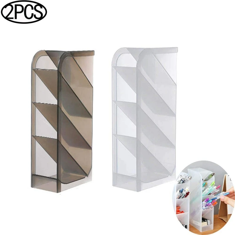 

W&G 2Pcs Multilayer Inclined Pen Storage Holder Desktop Storage Box Big Cosmetic Brush Holder Desk Organizer Translucent Storage