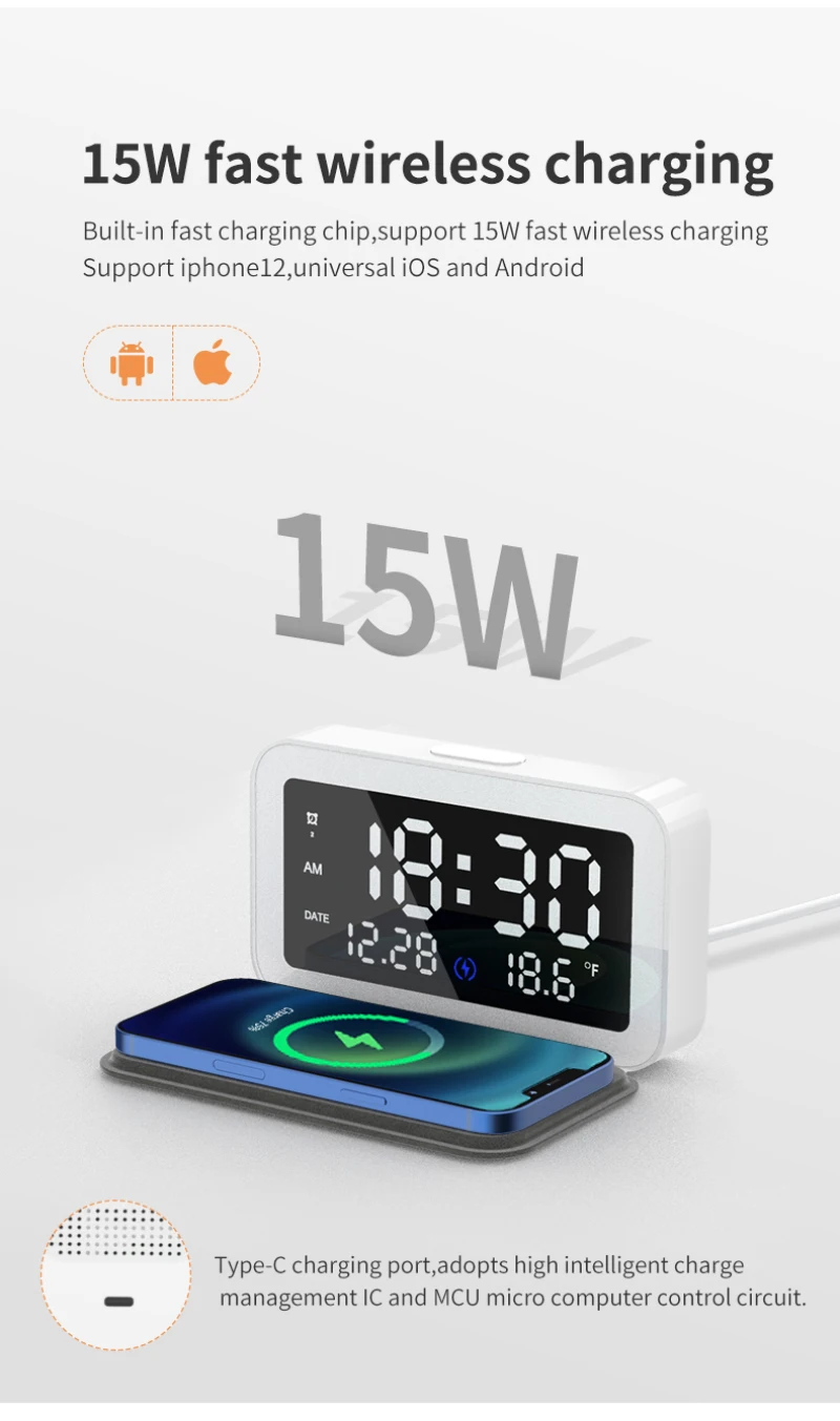 USLION 6 IN 1 Alarm Clock Wireless Charger With Digital Thermometer LED Desk Lamp For Bedroom 15W Mobile Phone Fast Charger phone charger