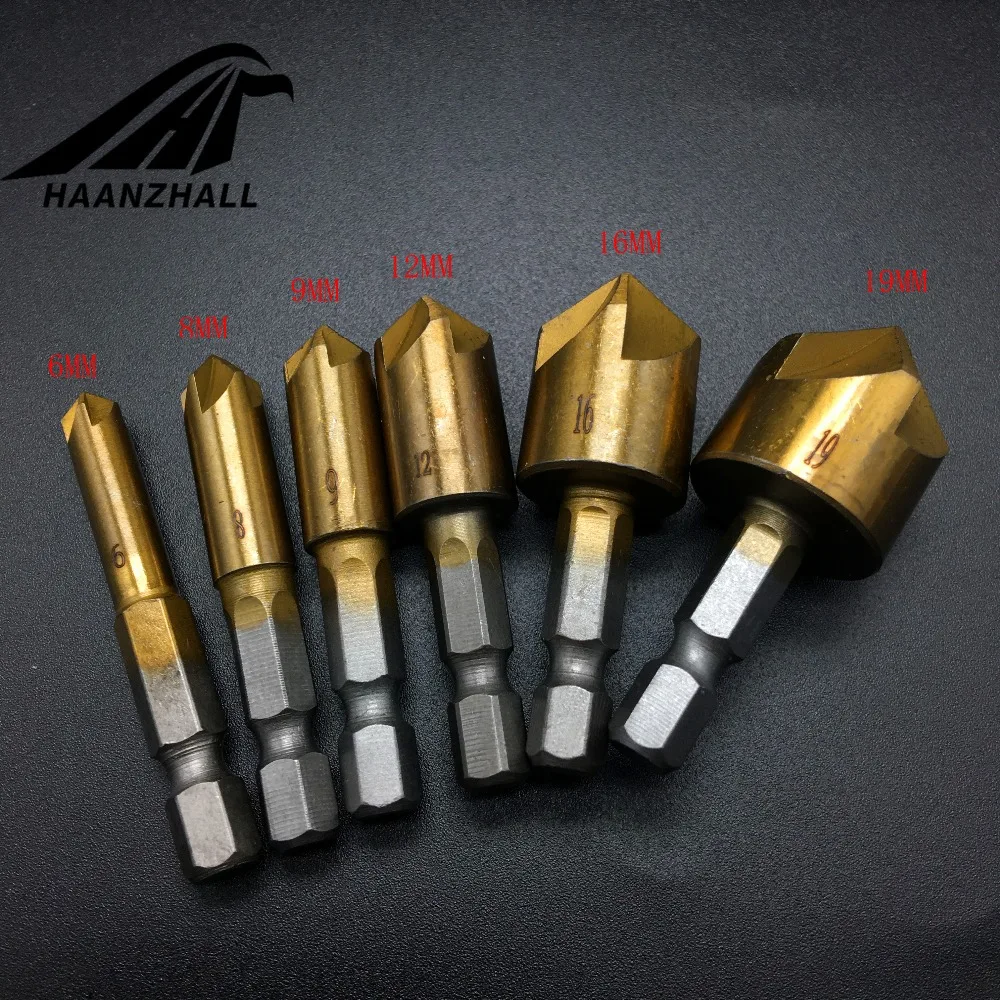 6pcs HSS Chamfer Countersink Chamfer Drill Bit 1/4 Hex Shank 90 Degree Wood Chamfering Cutter 6mm-19mm 3pcs 1 4inch hex shank 5 flute 90 degree countersink drill bit high carbon steel wood chamfered cutter woodworking tools