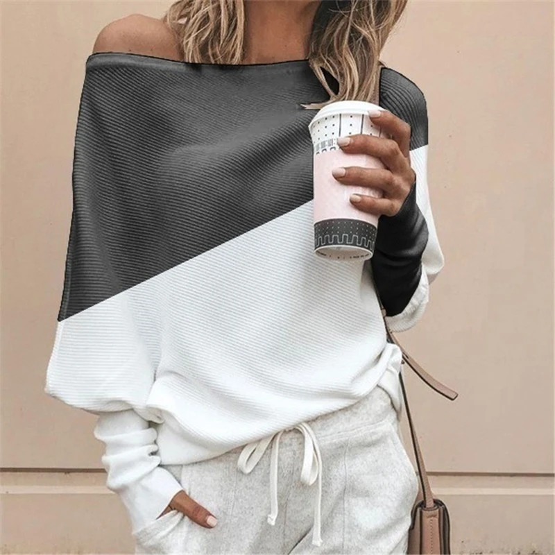 

Puff Sleeve White Blouses Patchwork One Shoulder Casual Tunic Women's Long Sleeve Knitted Blouses Women's Fashion New Autumn