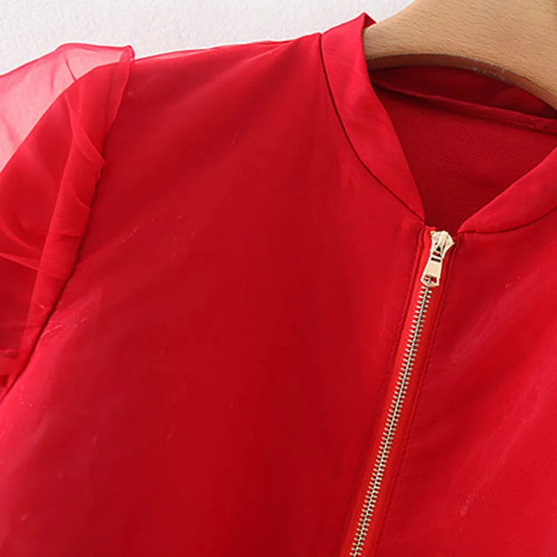 Best  Vintage Stylish Organza Patchwork Bomber Jacket Coat Women 2020 Fashion Stand Collar Long Sleeve El
