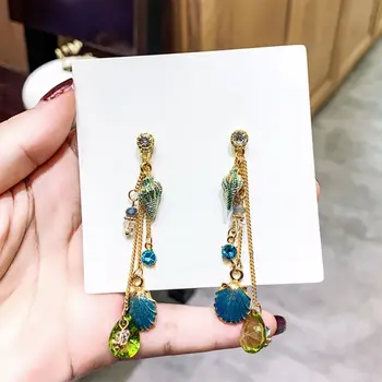 

Bohemia Water Drop Women Dangle Earrings Summer Beach Fairy Conch Crystal Tassel L4ME