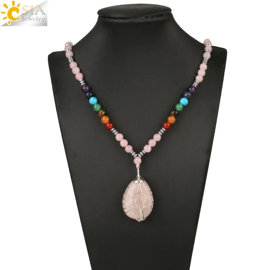 CSJA Tree of Life Wire Wrap Water Drop Pendants Chakra Natural Stone Aventurine Pink Crystal Beaded Necklaces for Women Men S476 - Окраска металла: Rose Quartz Chakra