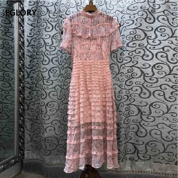 

Pink Long Dress 2019 Autumn Fashion Style Women Stand Neck Leaves Print Cascading Ruffle Lace Patchwork Silk Cotton Dress Maxi
