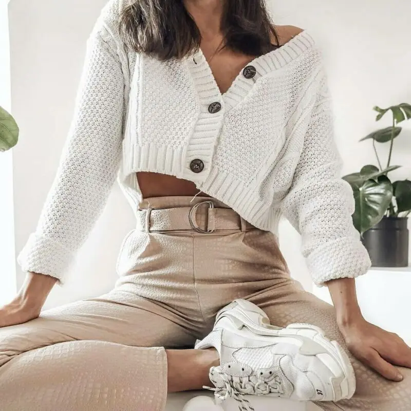 

Spring Autumn Women Knitted Cropped Cardigan Sweaters Female Short Coat V Neck Single Breasted Knitwear Solid Shawl Jacket