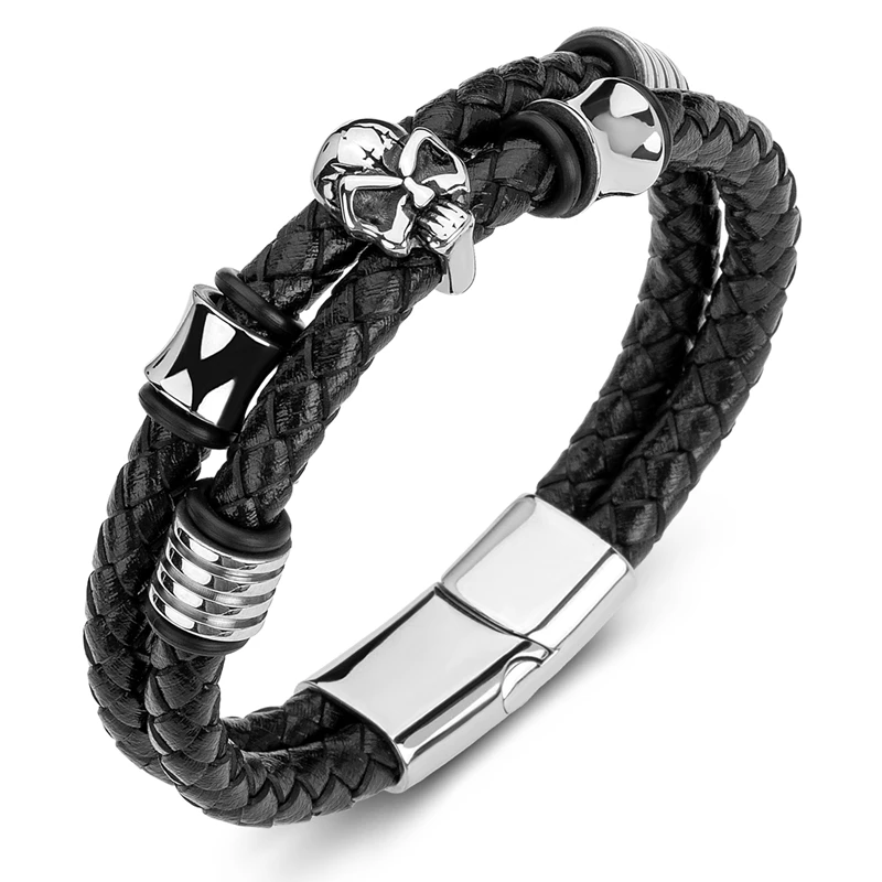 

Braided Leather Rope Men Bracelets Stainless Steel Skull Fashion Bangles Punk Rock Jewelry Male Trendy Wristband Gifts P187