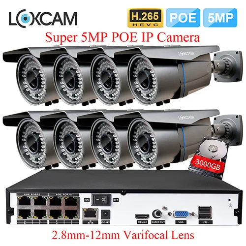 LOXCAM H.265+ 8Ch 5MP POE NVR комплект 8X5 Мп Водонепроницаемая камера безопасности POE IP камера 2,8-12 мм зум Видеонаблюдение CCTV камера система - Цвет: 8CH NVR x 8 Cameras