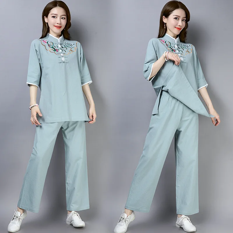 

2019 New Style Cotton Linen Loose-Fit Embroidery Half-sleeve Shirt Frog Stand Collar Set