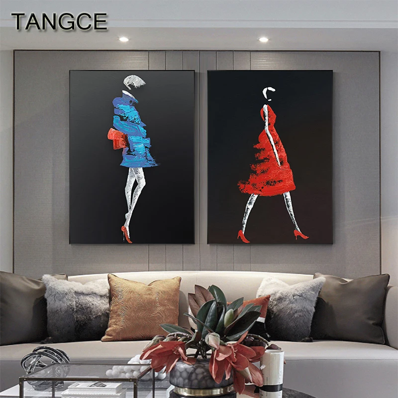 Abstract Blue Red Dress Canvas Art Fashion Sexy Girl Poster n Print Wall Picture for Living Room Oil Painting Texture | Дом и сад