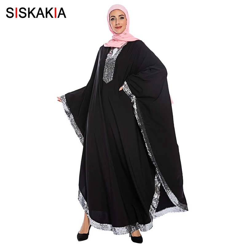 Black abaya Siskakia модное мусульманское платье с рукавом "летучая мышь" абайя, роскошное лоскутное платье с блестками большого размера, турецкое арабское дубайское платье - Цвет: Black abaya