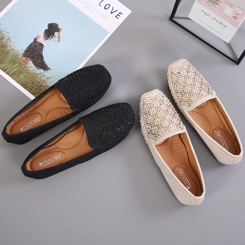 

Rhinestone Crystal Loafers Shoes Woman Soft Leather Cow Muscle Sole Slip On Ballet Flats Plus Size 41 42 Egg Roll Peas Moccasins