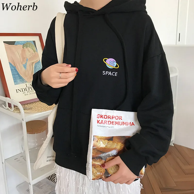 Woherb/Корейский модный свитшот с буквенным принтом и вышивкой, женские свитшоты с капюшоном, повседневные милые топы, верхняя одежда, Новинка осени 90978