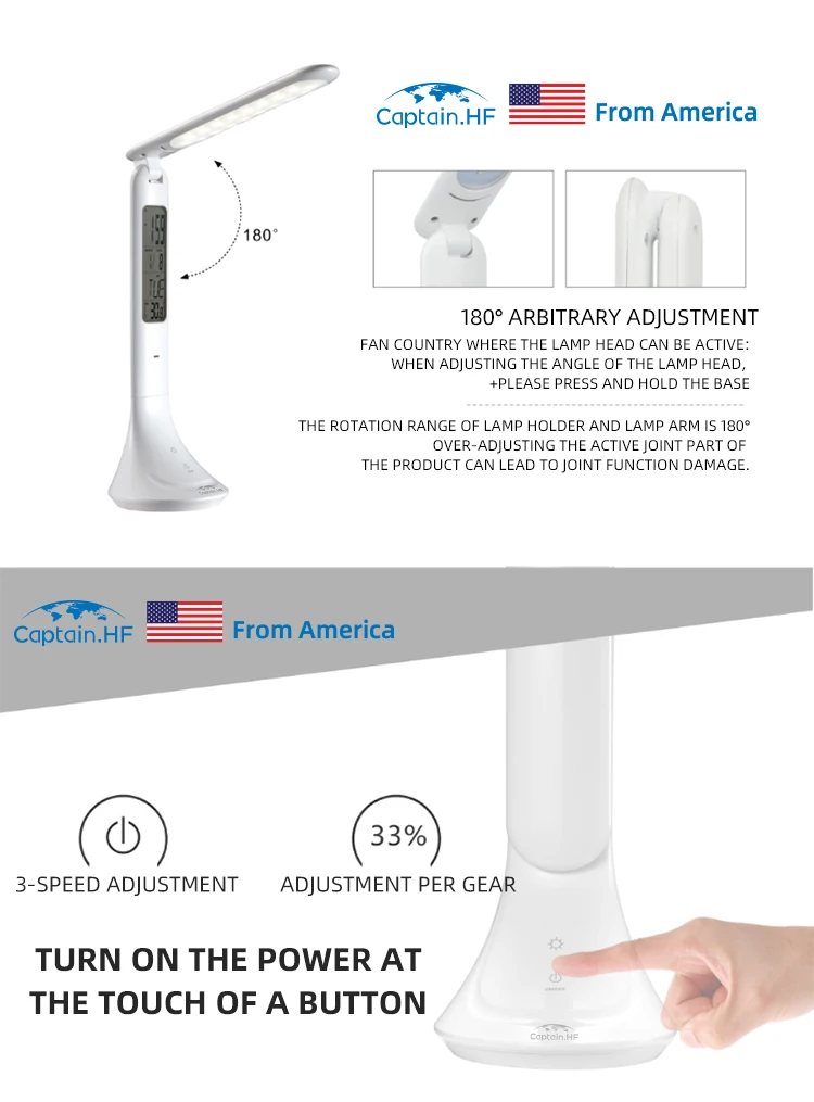 Captain HF Fordable LED настольный светильник, настольная лампа, настольная лампа с ЖК-дисплеем, часы с календарем, термометром Настольная светодиодная лампа