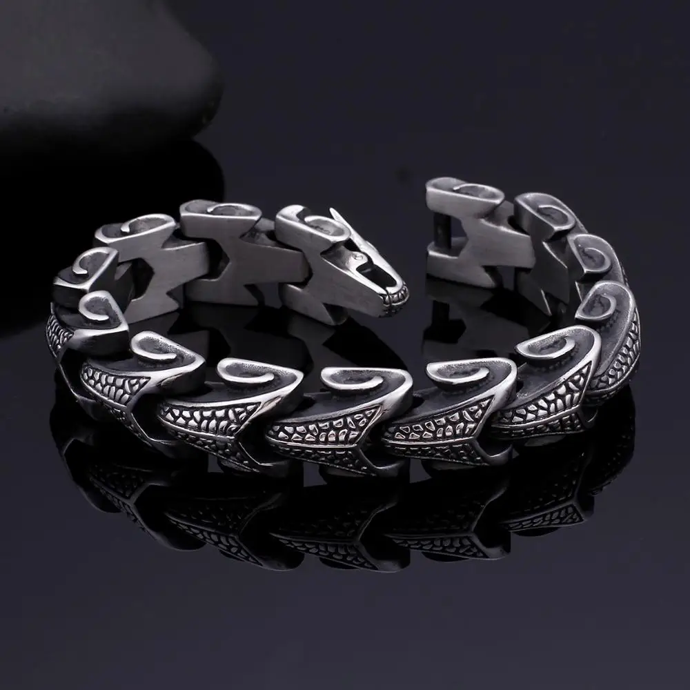 Fongten 22cm Dragon Chain Bracelets For Men Stainless Steel Men Bracelet Bangles Gothic Silver Color Wrist Jewelry