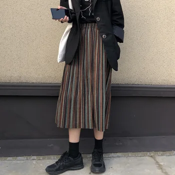

2020 Autumn & Winter New Arrival Woolen Skirt Korean Version Thin High Waist Striped Skirt Long Pleated Skirt Free Shipping