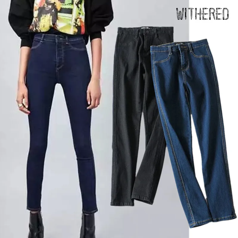 

Withered BTS AA vintage england simple solid stretch skinny pencil jeans woman high waist jeans solid boyfriend jeans for women