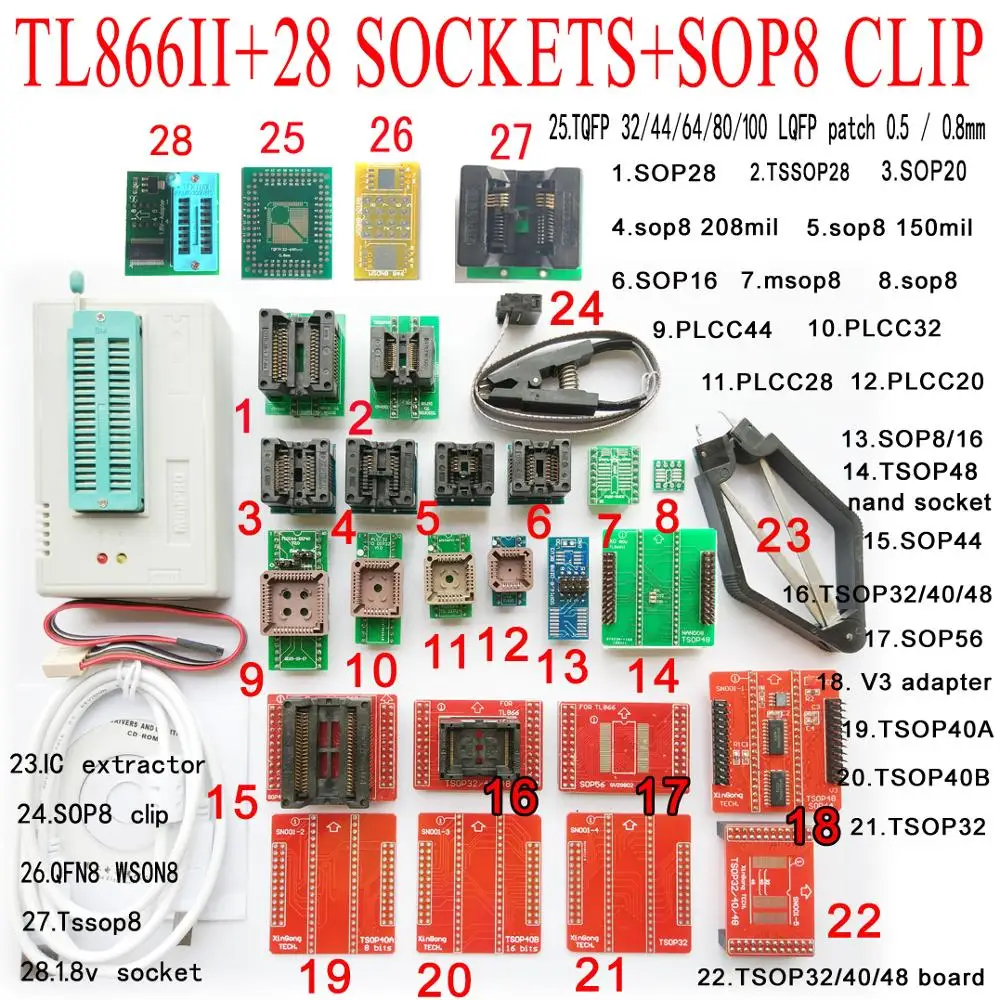 Программатор микросхем TL866II Plus Minipro 28 переходников разъем SOP8 зажим TL866 nand flash 24 93 25